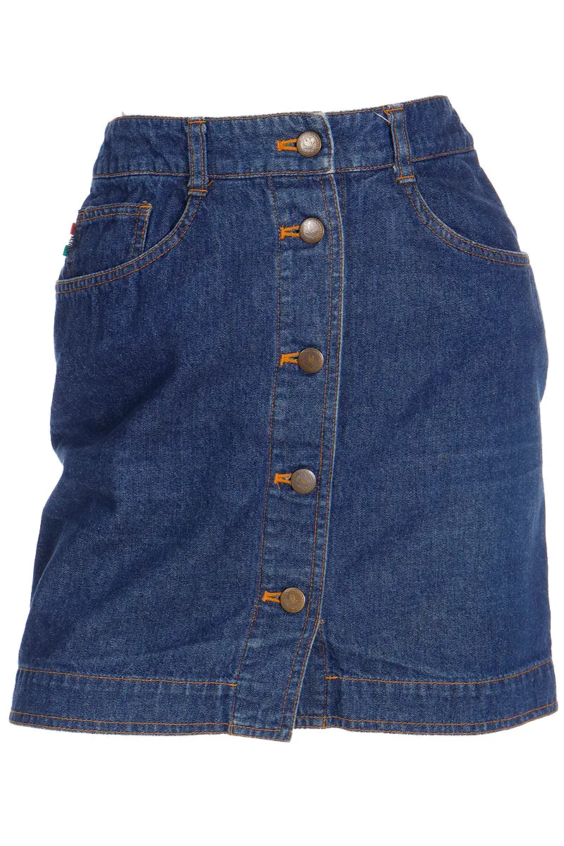 1990s Moschino Jeans Vintage Denim Mini Skirt w Cowboy Hat Brass Buttons