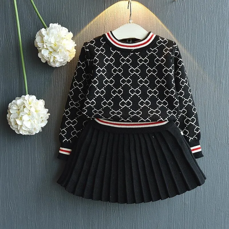 2 Pcs Girls Winter Long Sleeve Sweater Shirt and Skirt Suit