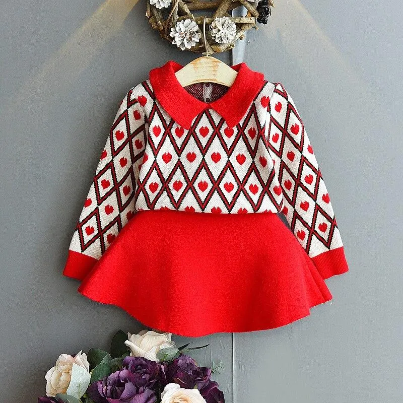 2 Pcs Girls Winter Long Sleeve Sweater Shirt and Skirt Suit