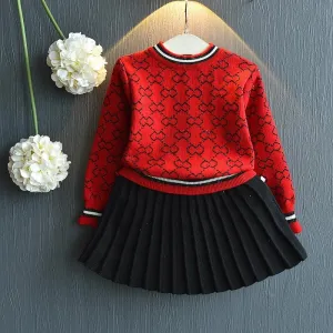 2 Pcs Girls Winter Long Sleeve Sweater Shirt and Skirt Suit