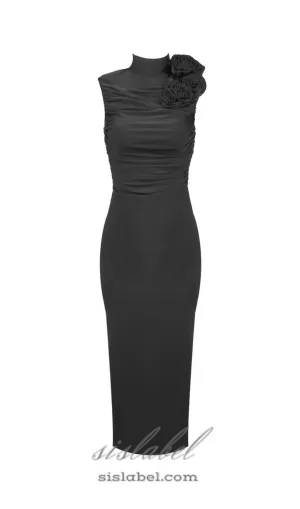 ADORA FLOWER EMBELLISHED RUCHED MIDI DRESS IN BLACK