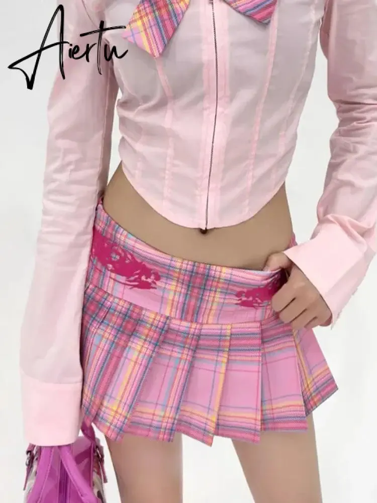 Aiertu Harajuku Kawaii Pink Plaid Skirts Preppy Style Girls Sexy JK Pleated Mini Skirts With Shorts Y2k Kawaii Women Skirts