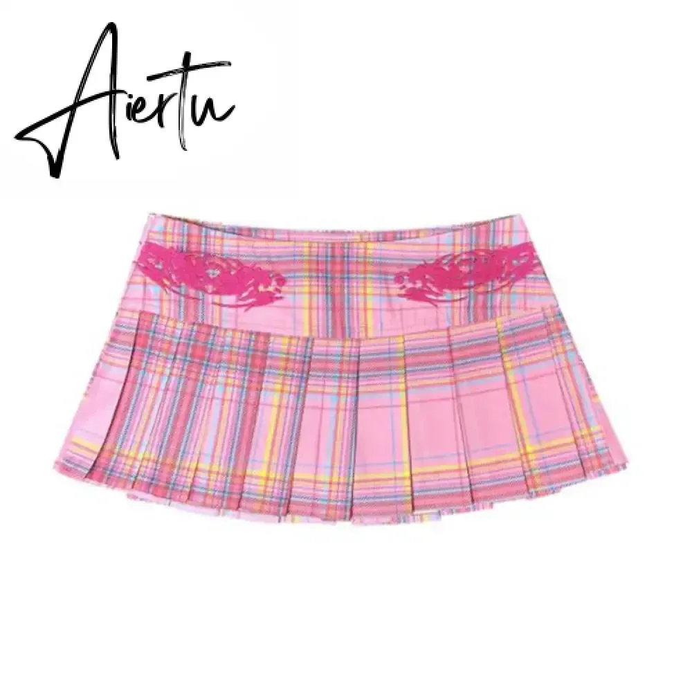 Aiertu Harajuku Kawaii Pink Plaid Skirts Preppy Style Girls Sexy JK Pleated Mini Skirts With Shorts Y2k Kawaii Women Skirts