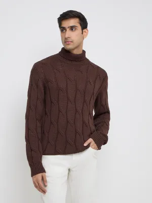 Relaxed-Fit Ascot Dark Brown Cotton Sweater with Knit Texture