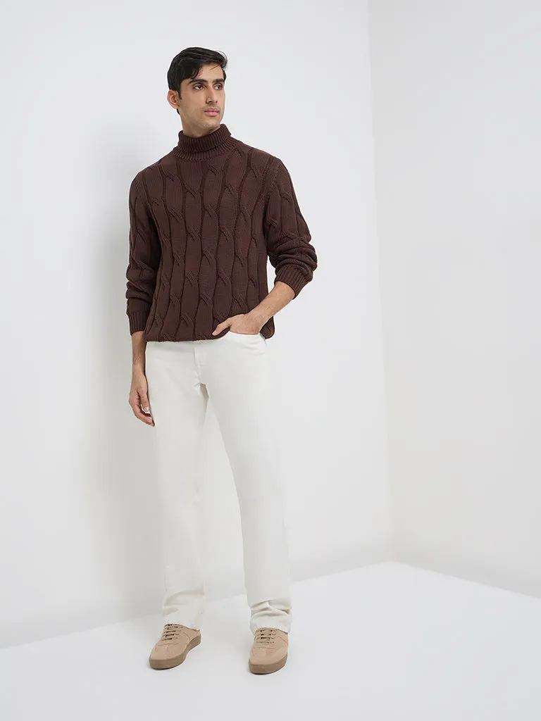 Relaxed-Fit Ascot Dark Brown Cotton Sweater with Knit Texture