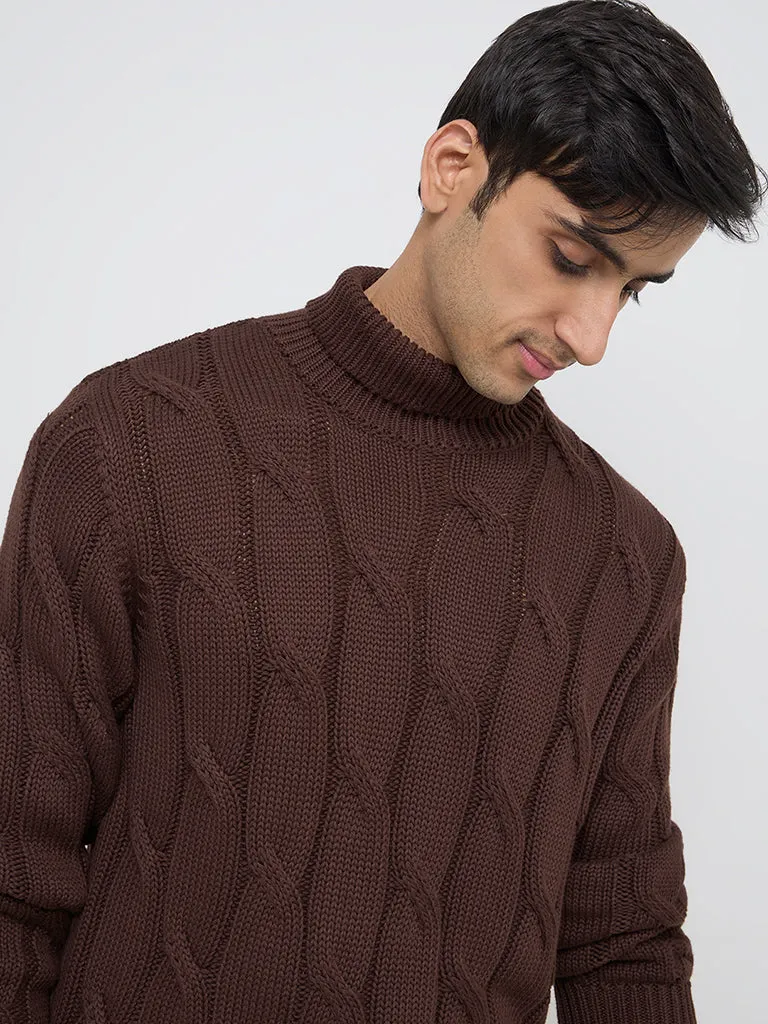 Relaxed-Fit Ascot Dark Brown Cotton Sweater with Knit Texture