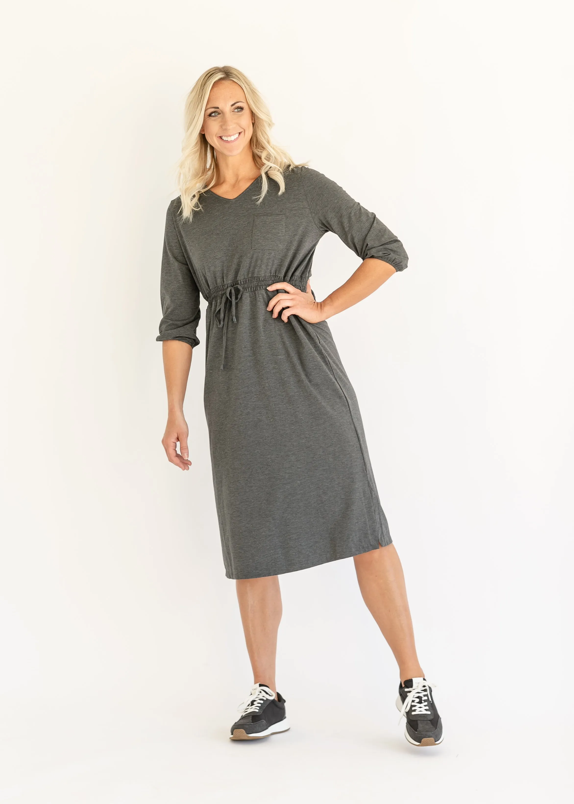 Ashley 3/4 Sleeve Stretch Waist Midi Dress - FINAL SALE