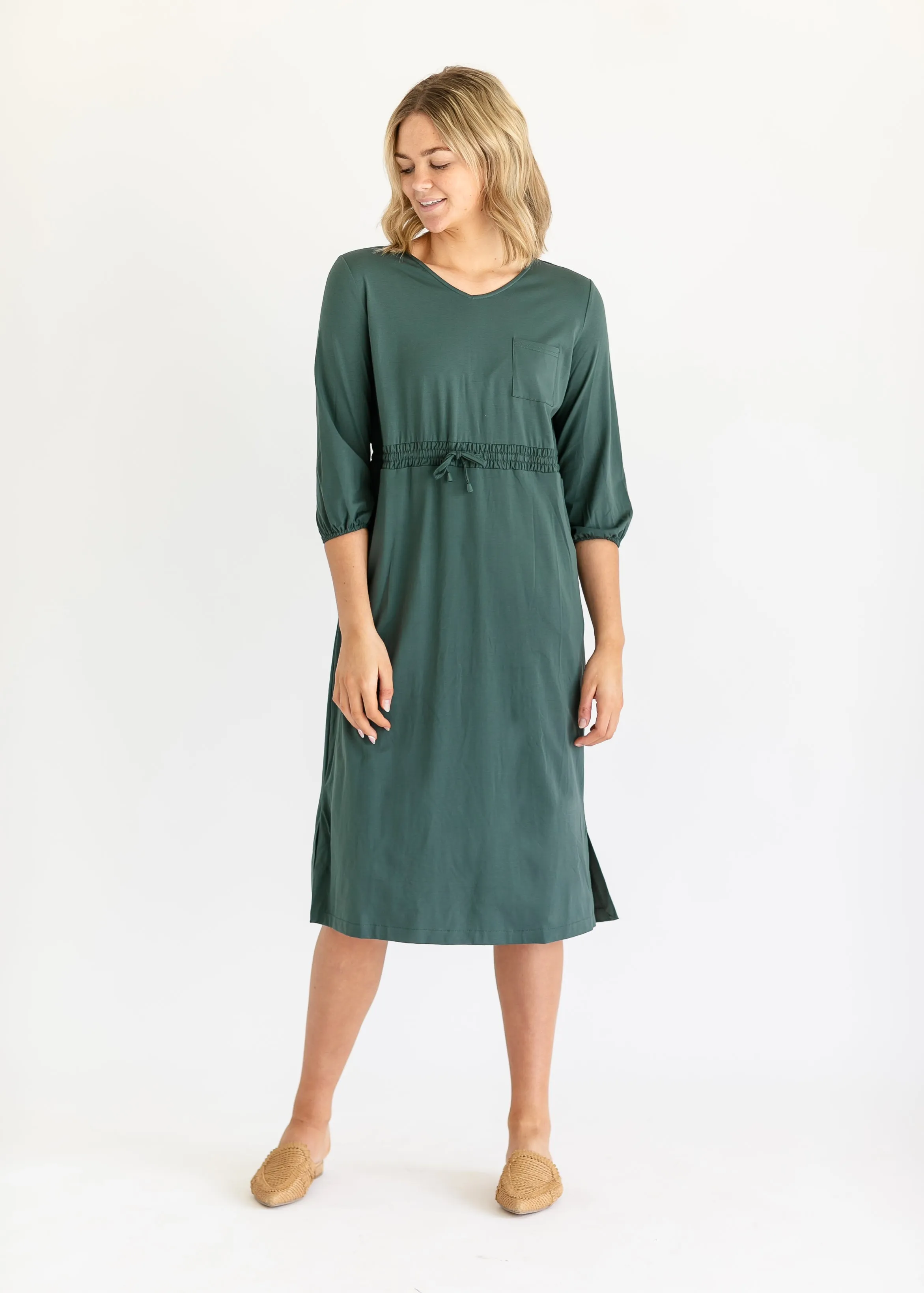 Ashley 3/4 Sleeve Stretch Waist Midi Dress - FINAL SALE