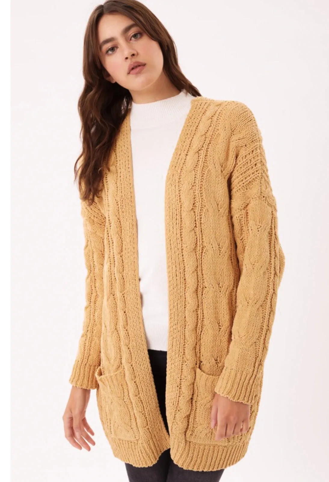 Autumn Nights Chenille Cable Knit Cardigan: Honey