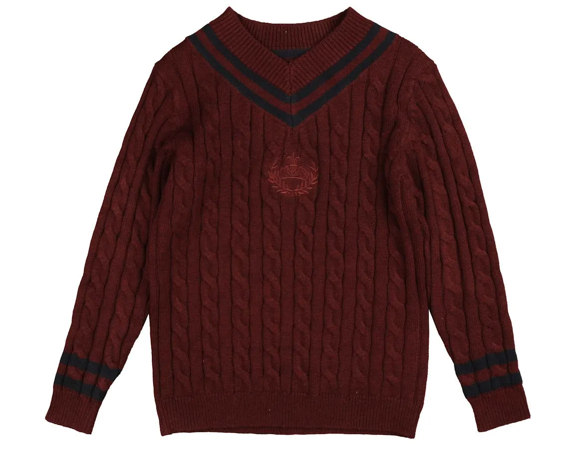 Belati Wine Cable V-Neck Emblem Knit