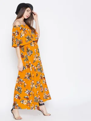 Berrylush Women Mustard Yellow Floral Printed Off-Shoulder Neck Layered Maxi Dress