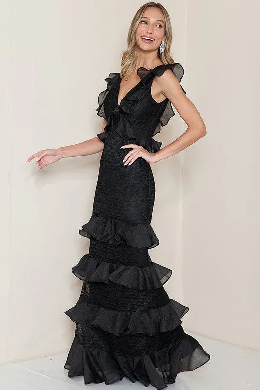 Black Ruffle Layered Maxi Dress