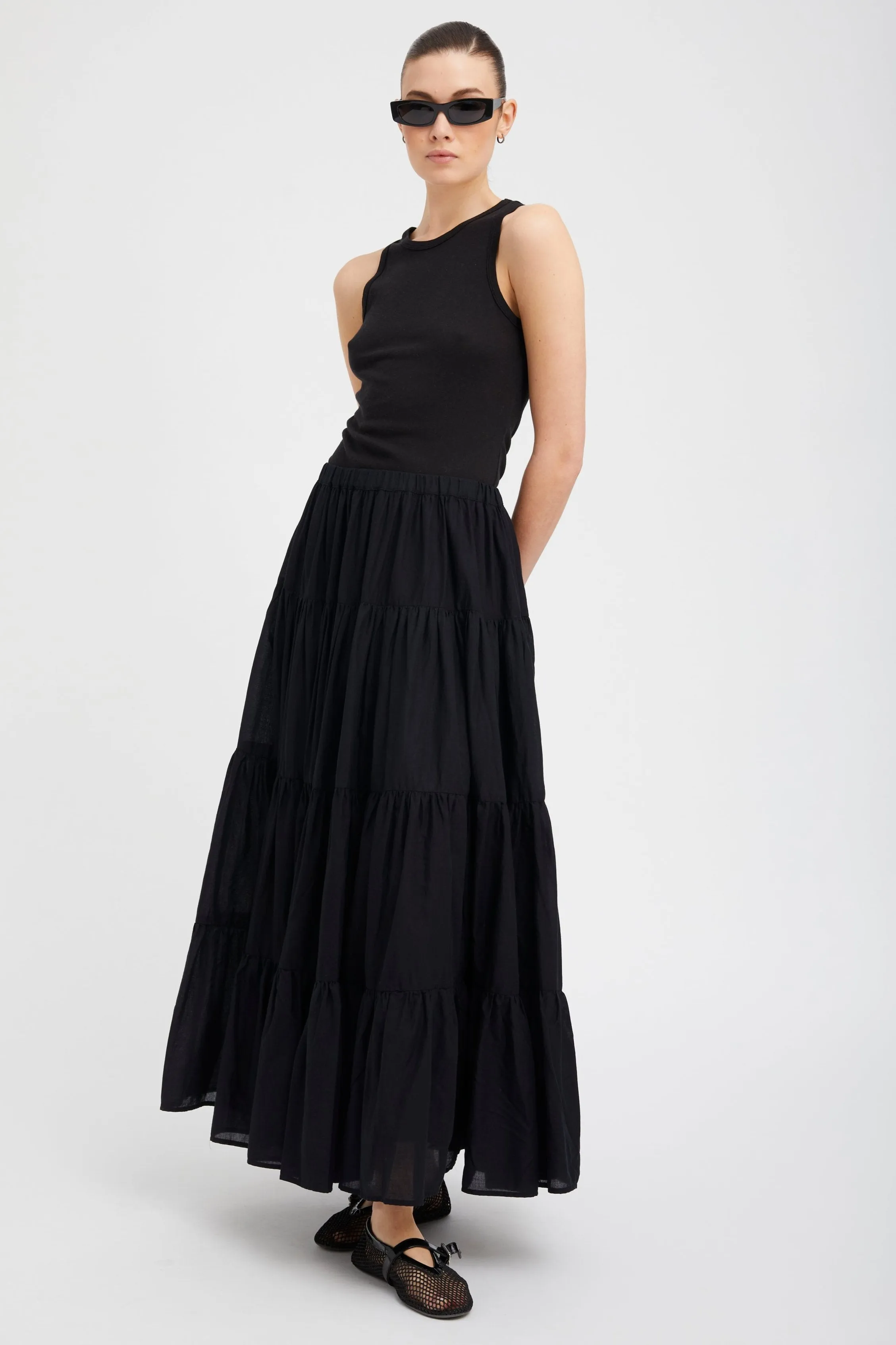 Black Voile Tiered Maxi Skirt