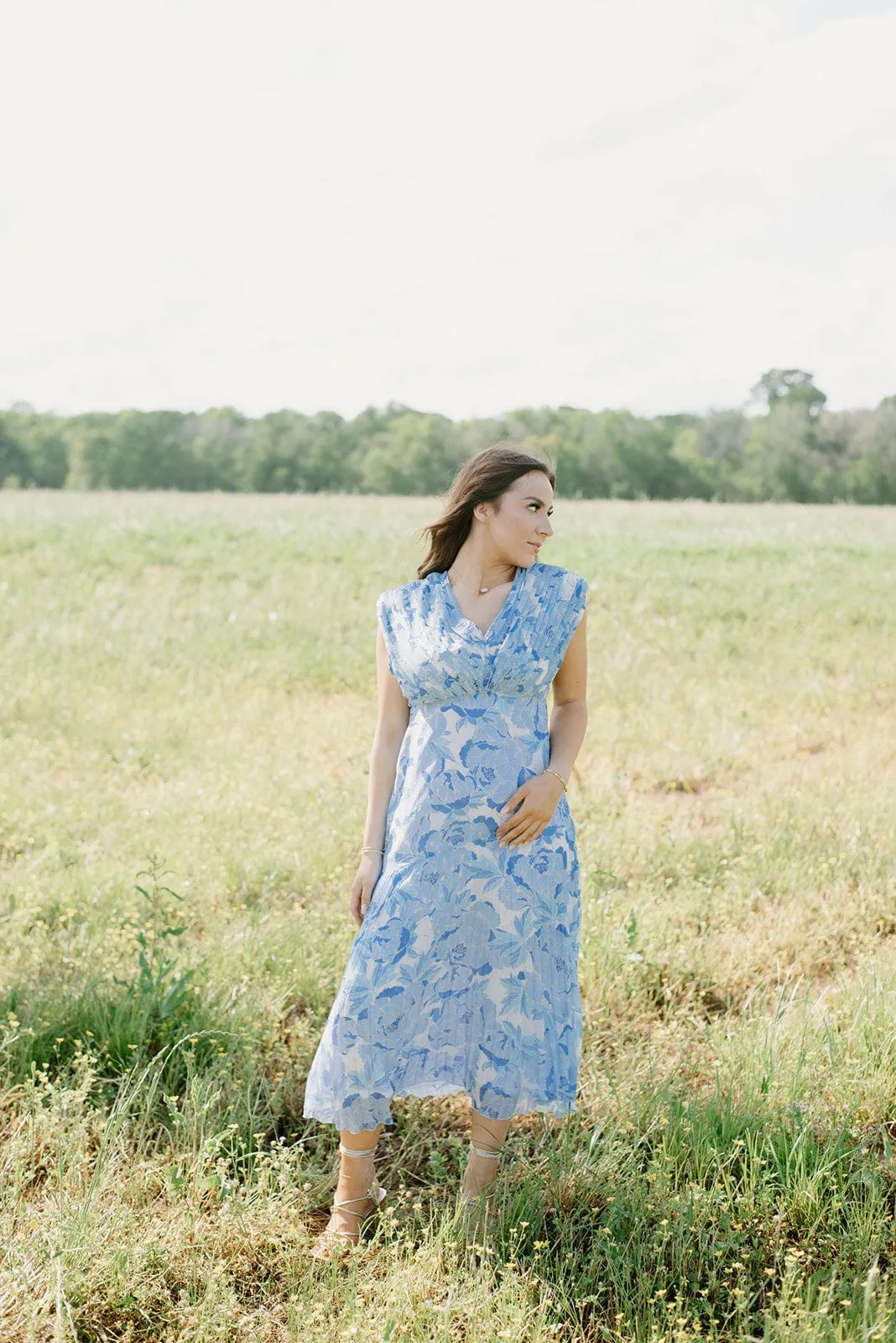 Blue & Gold Pleated Midi Dress