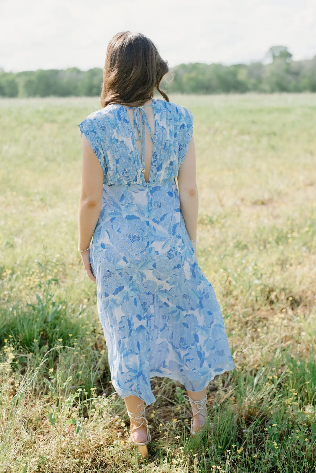 Blue & Gold Pleated Midi Dress