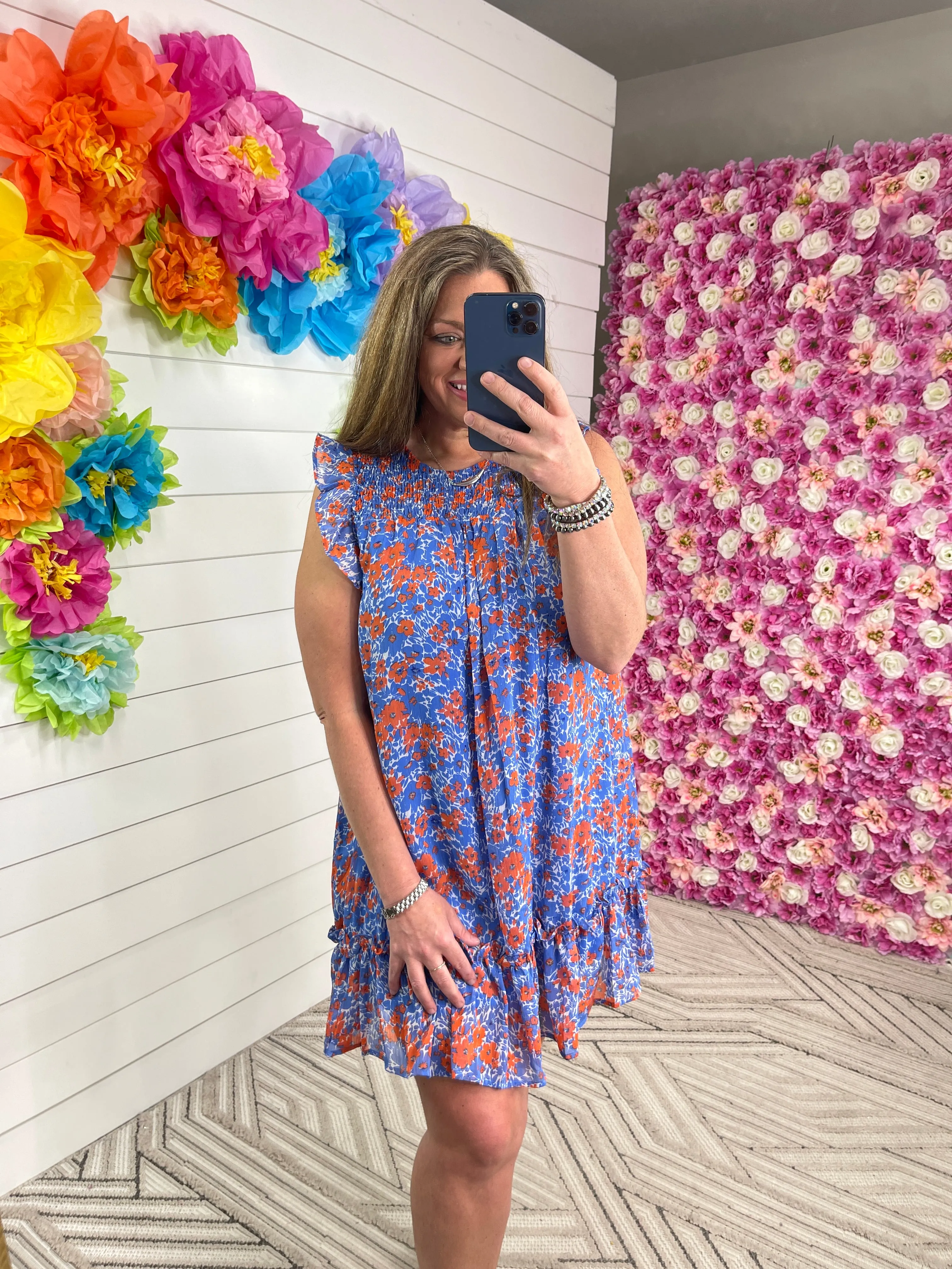 BLUE/ORANGE FLORAL SHIMMER DRESS