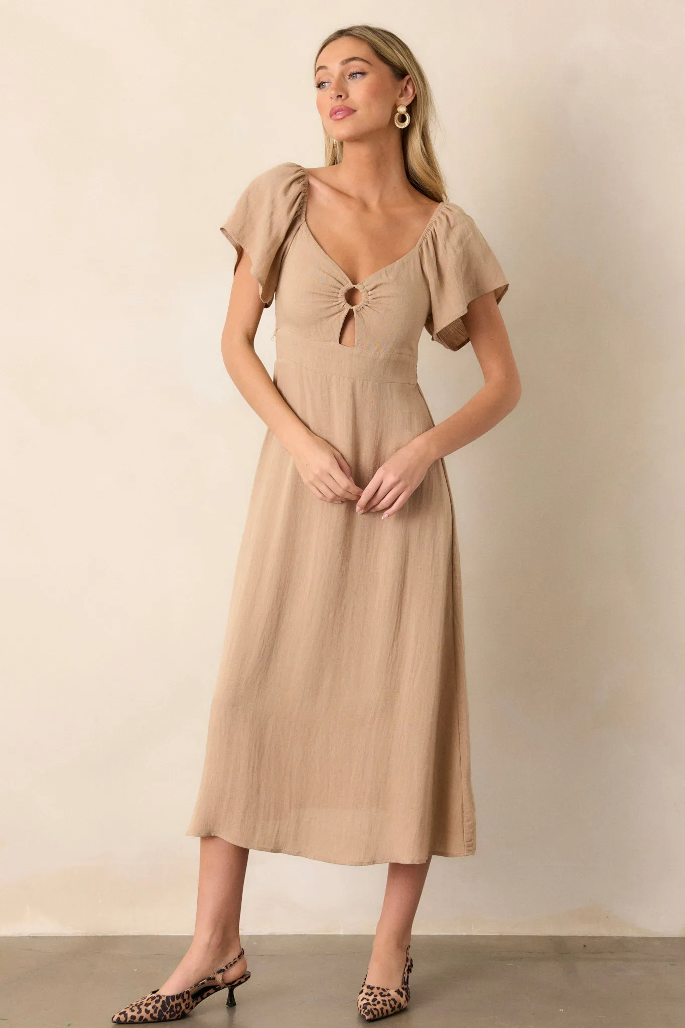 Boho Beauty Tan Puff Sleeve Midi Dress