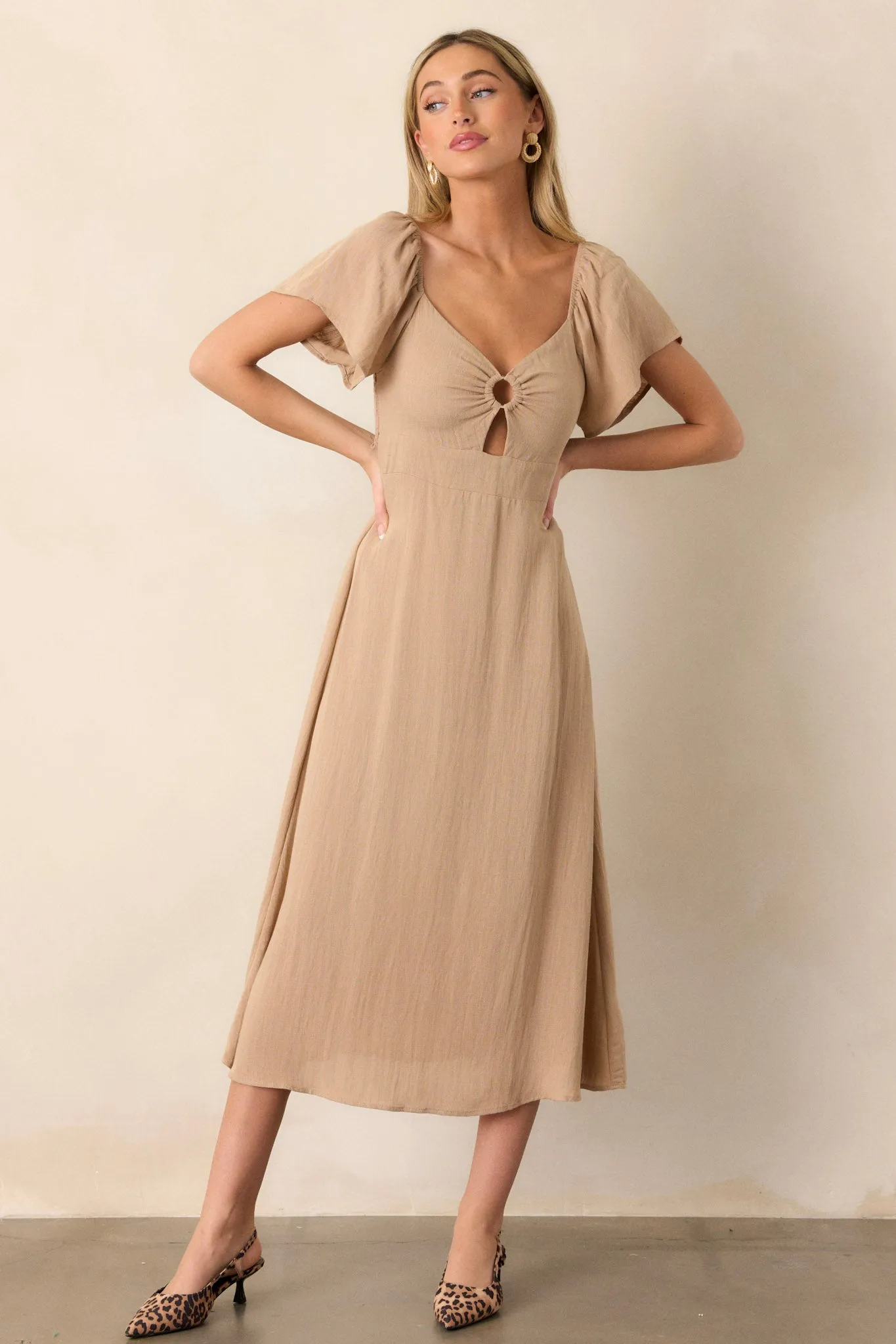 Boho Beauty Tan Puff Sleeve Midi Dress