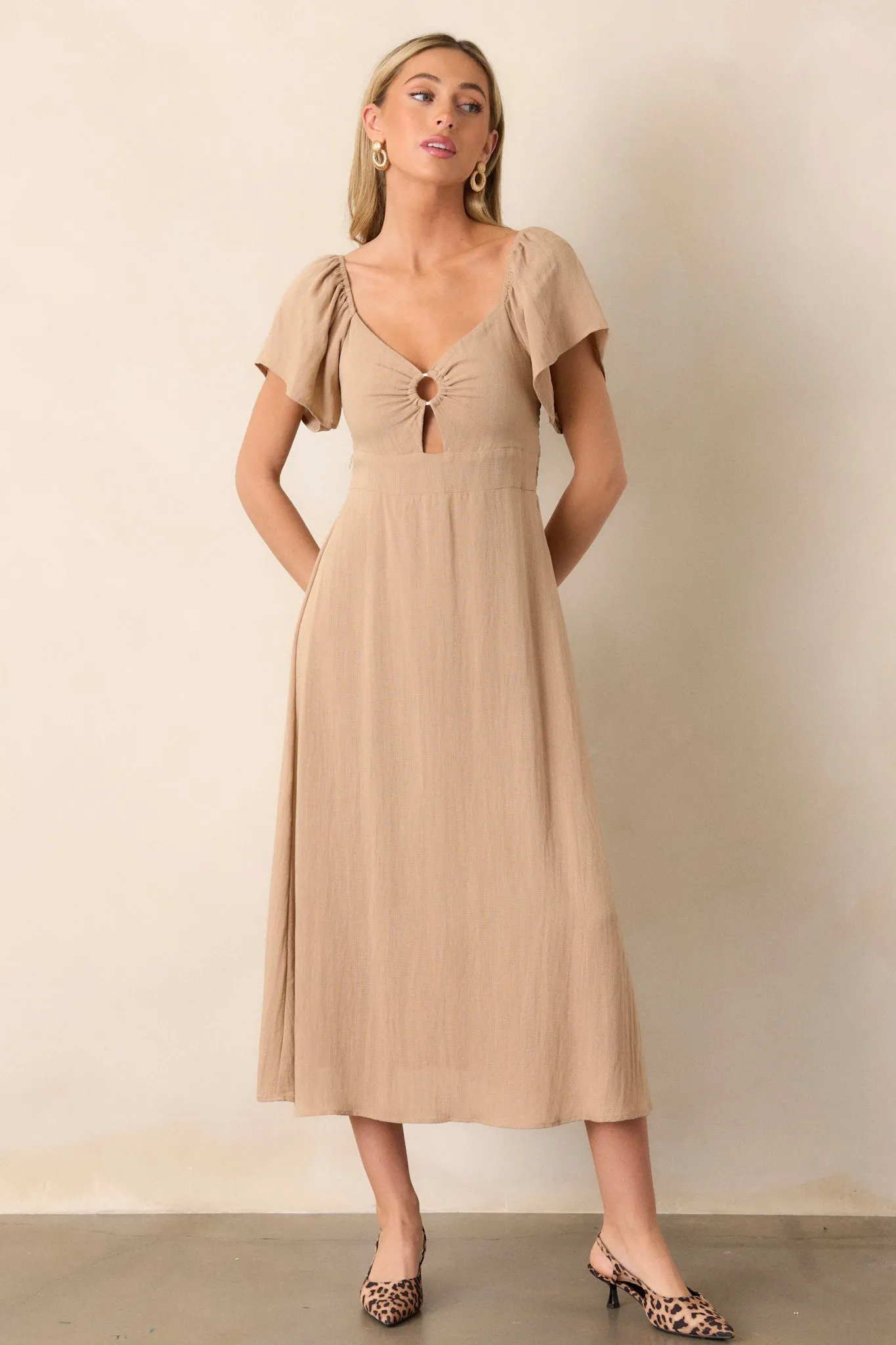 Boho Beauty Tan Puff Sleeve Midi Dress