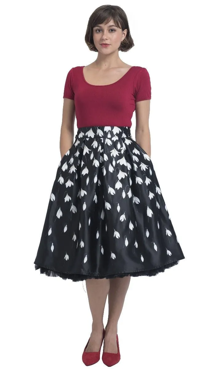 Carolyn Box Pleat Skirt in Black with Snowdrop Print