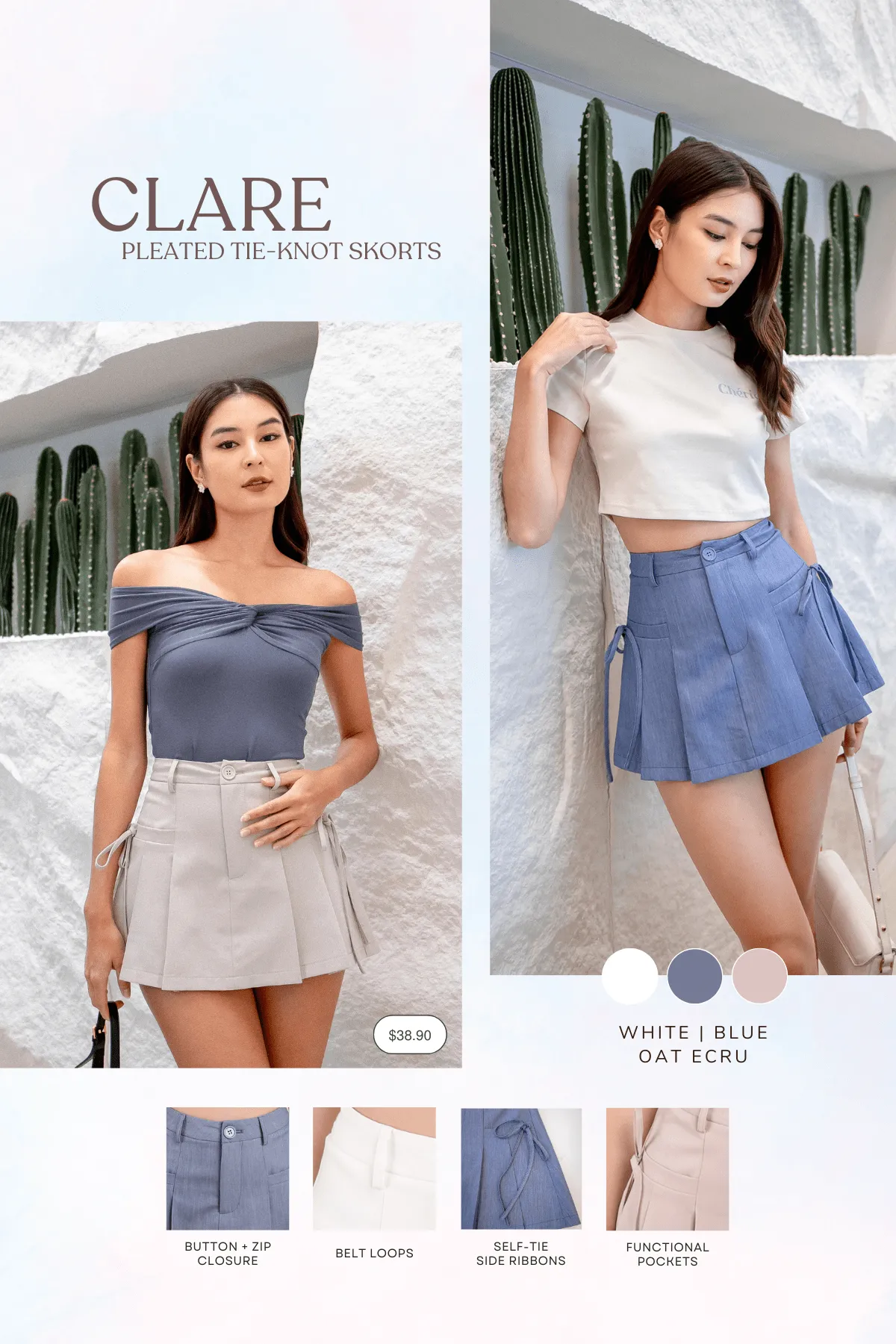 CLARE PLEATED TIE-KNOT SKORTS IN BLUE