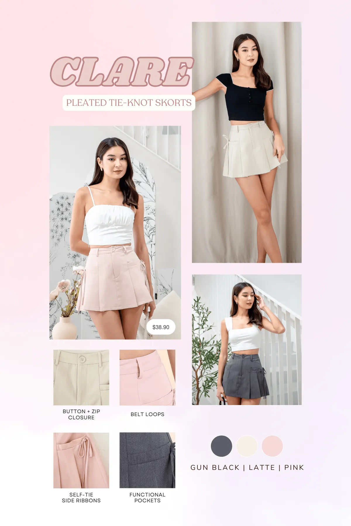 CLARE PLEATED TIE-KNOT SKORTS IN PINK