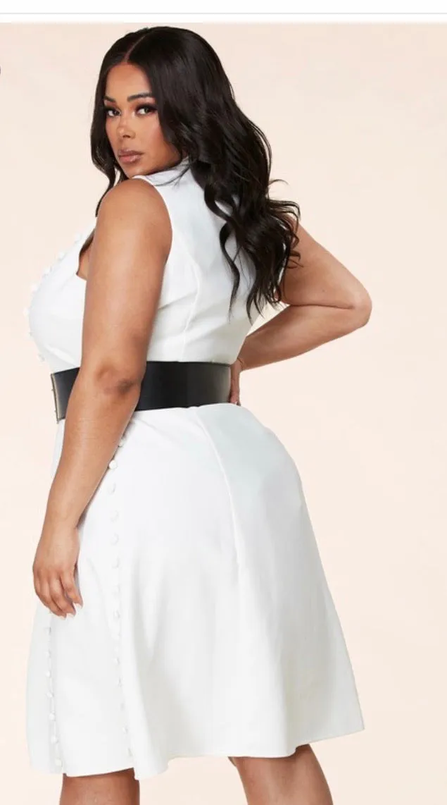 Classic Belted White A-line Dress