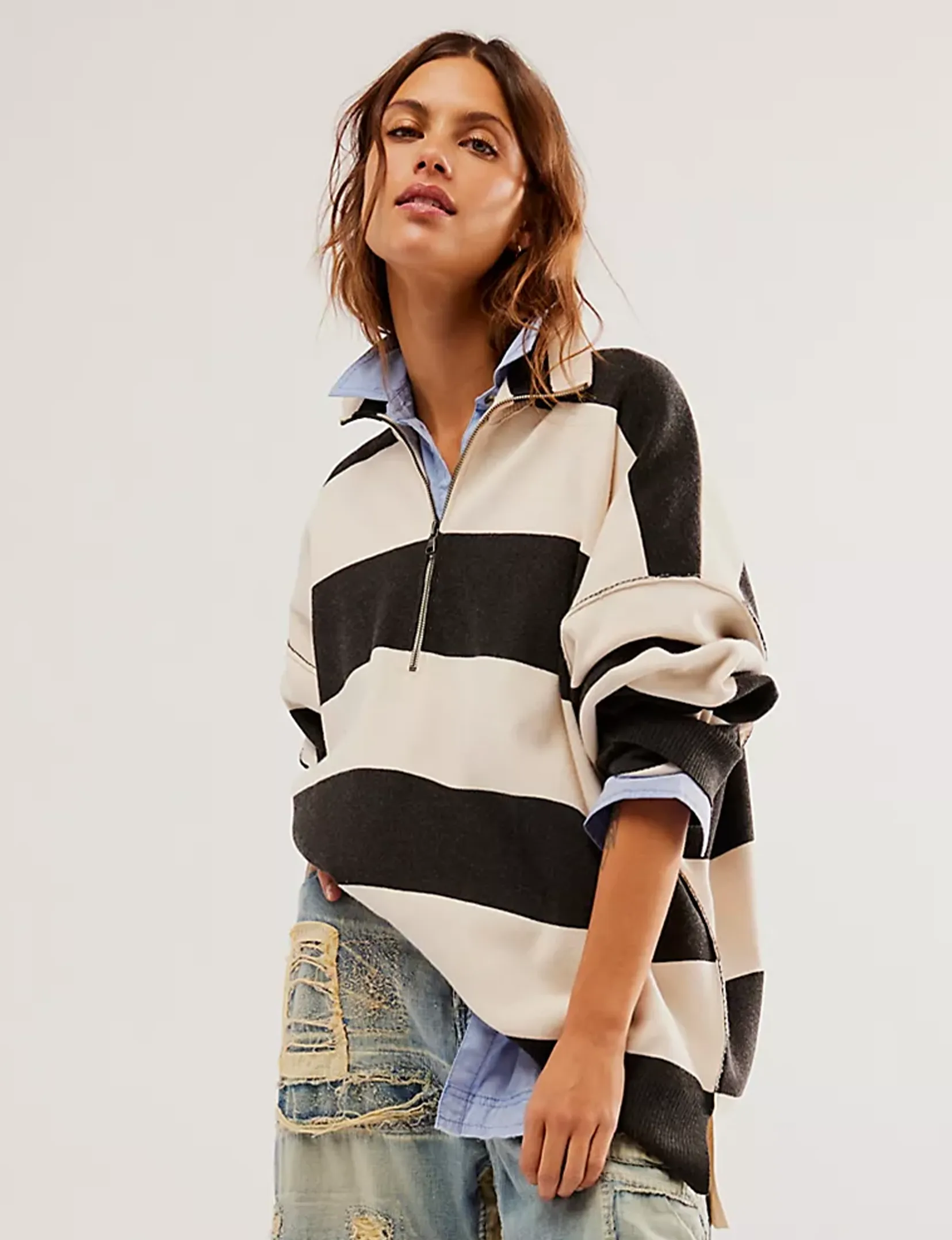 Coastal Stripe Pullover, Carbon/Champagne