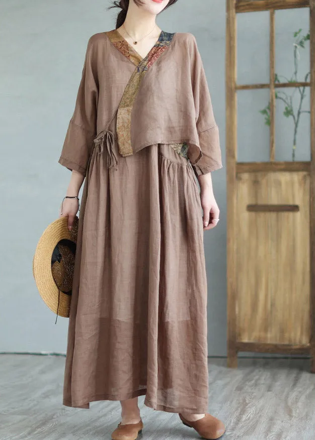 Coffee Print Tie Waist Linen Women Linen Top And Maxi Skirts Half Sleeve LY2957