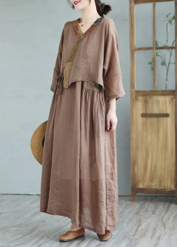 Coffee Print Tie Waist Linen Women Linen Top And Maxi Skirts Half Sleeve LY2957