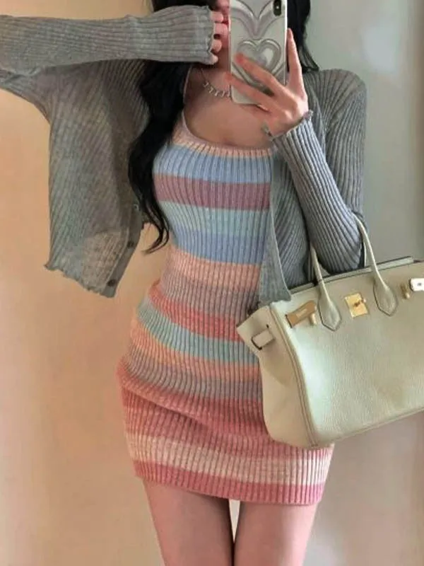 Color Block Striped Halter Knitted Mini Dress