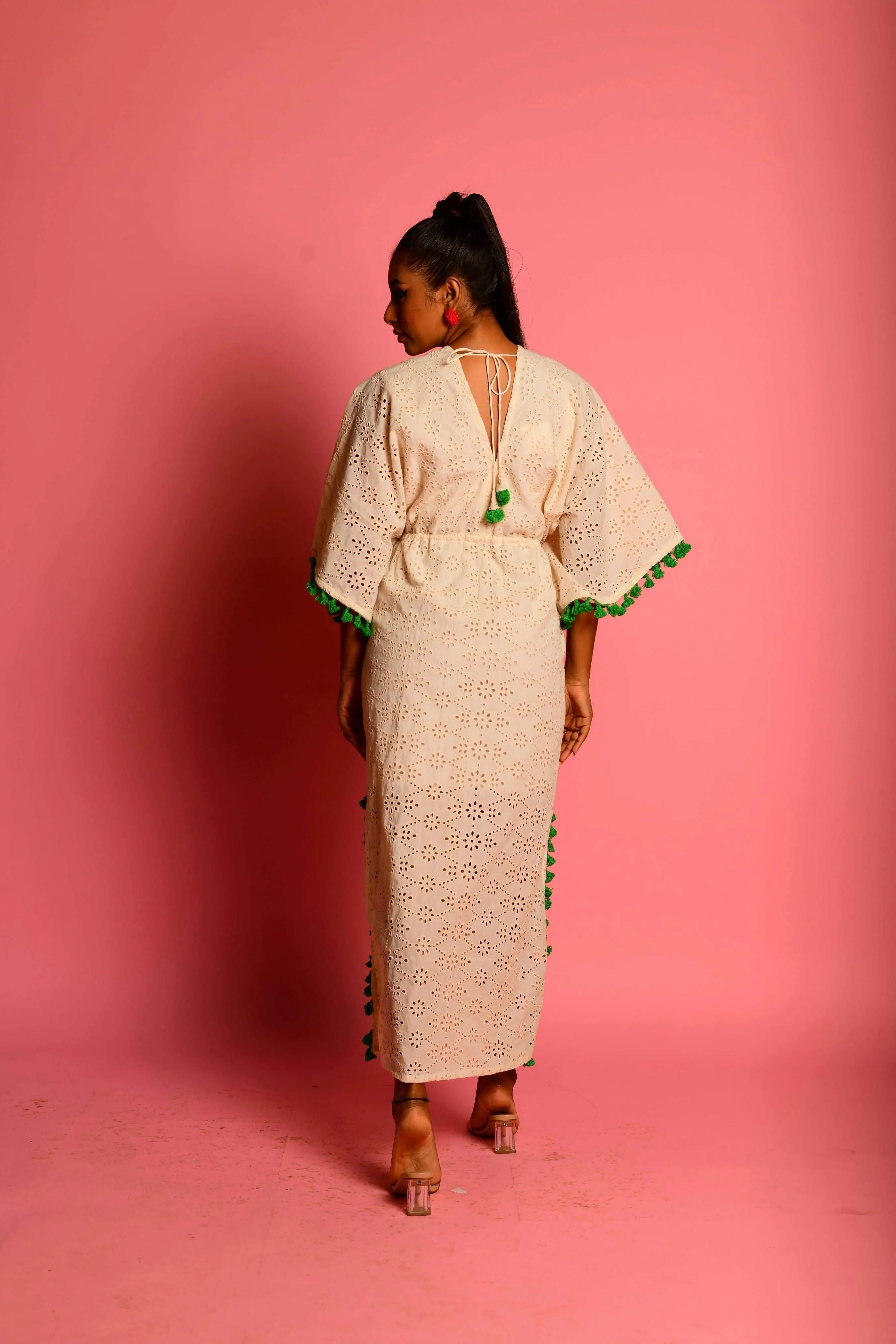 Cream Kaftan Maxi Dress with Smoked Waist & Tassels