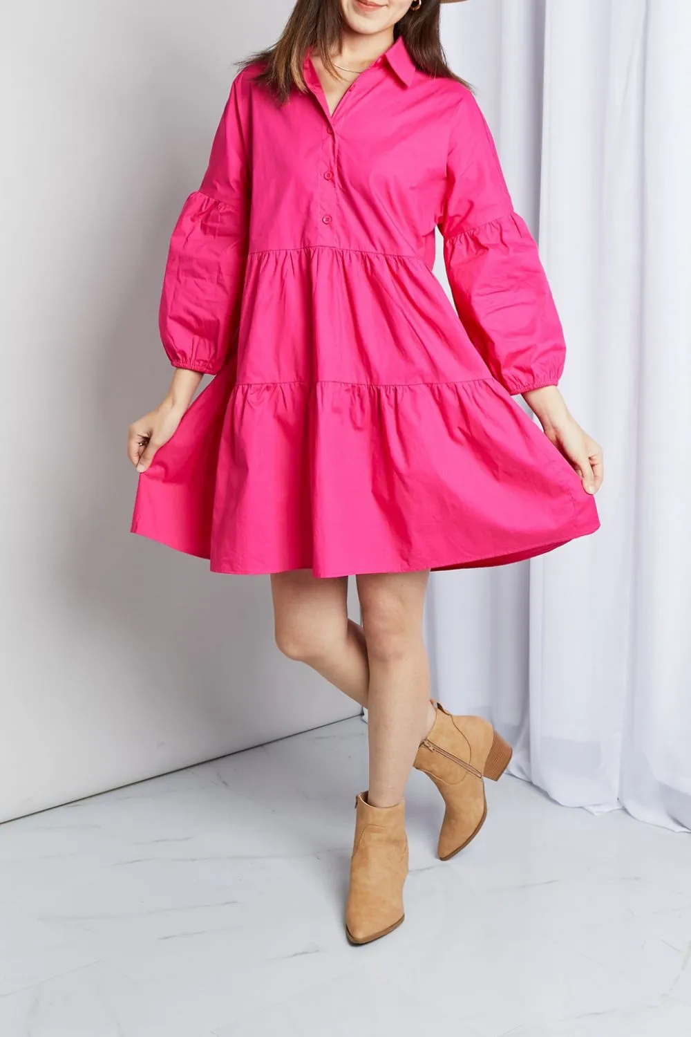 Davi & Dani Full Size Buttoned Puff Sleeve Tiered Shirt Dress