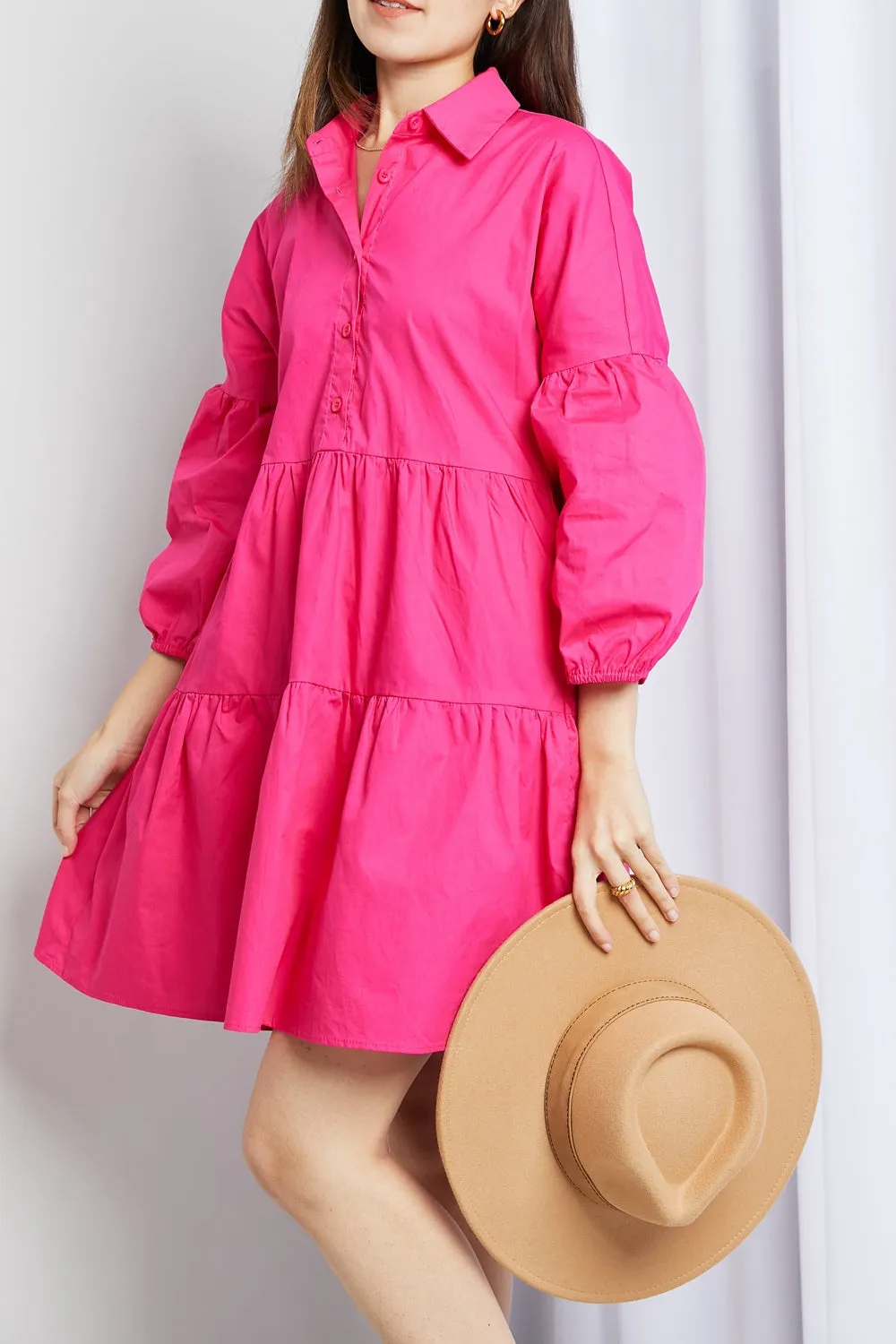 Davi & Dani Full Size Buttoned Puff Sleeve Tiered Shirt Dress