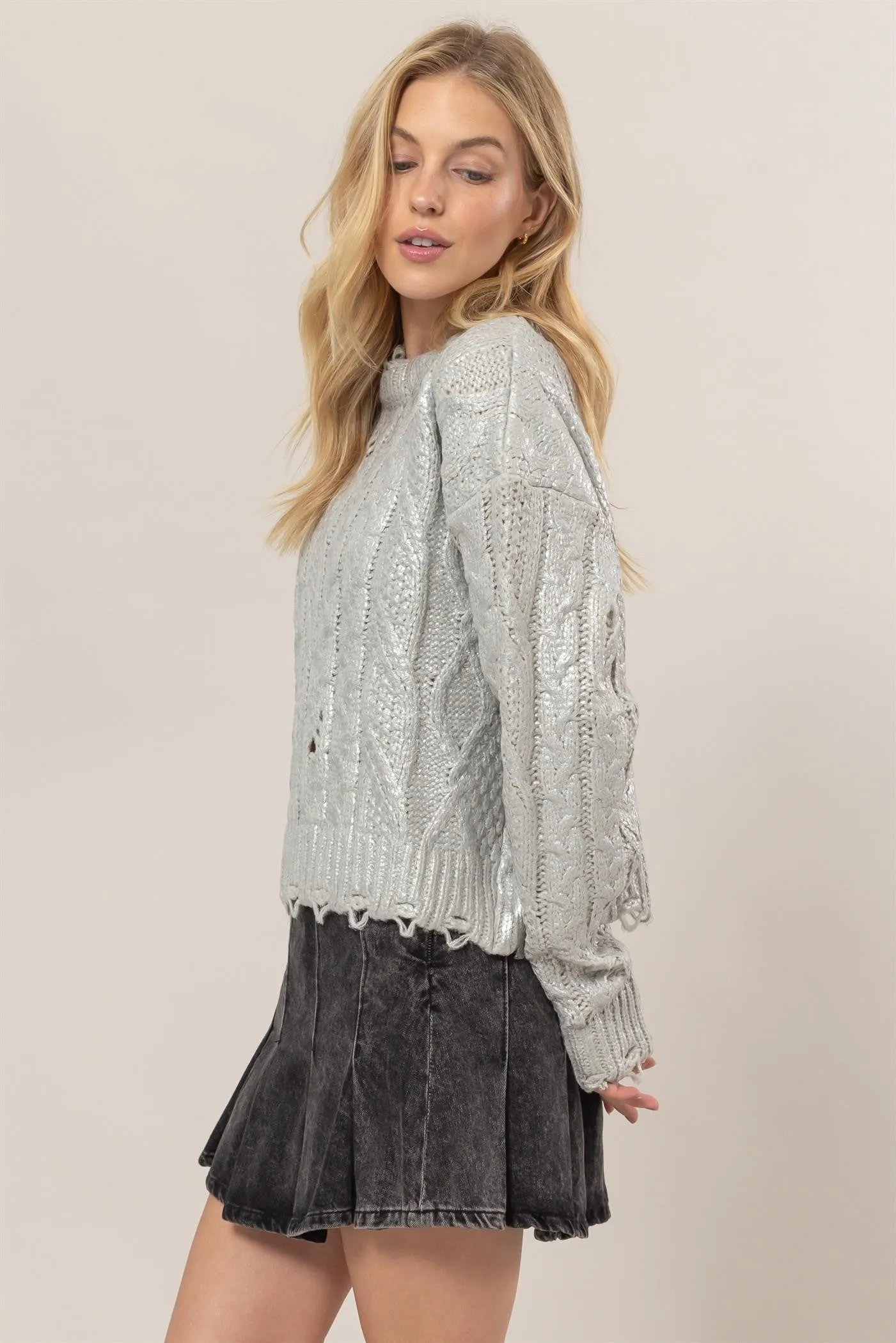 Distressed Cable-Knit Round Neck Long Sleeve Sweater