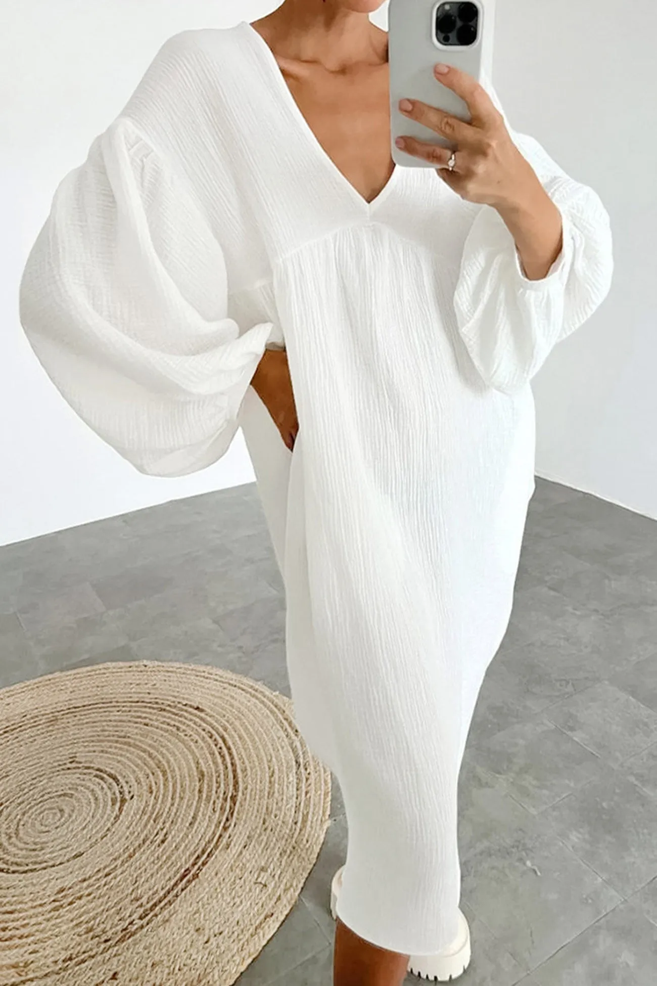 Double Crepe V Neck Puff Sleeve Loose Dress