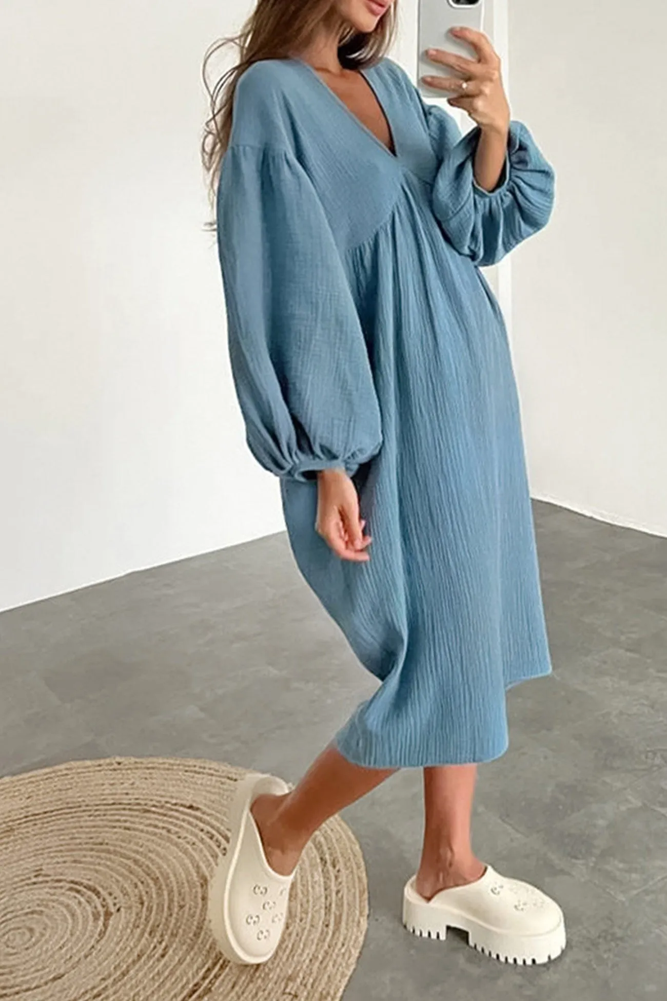 Double Crepe V Neck Puff Sleeve Loose Dress