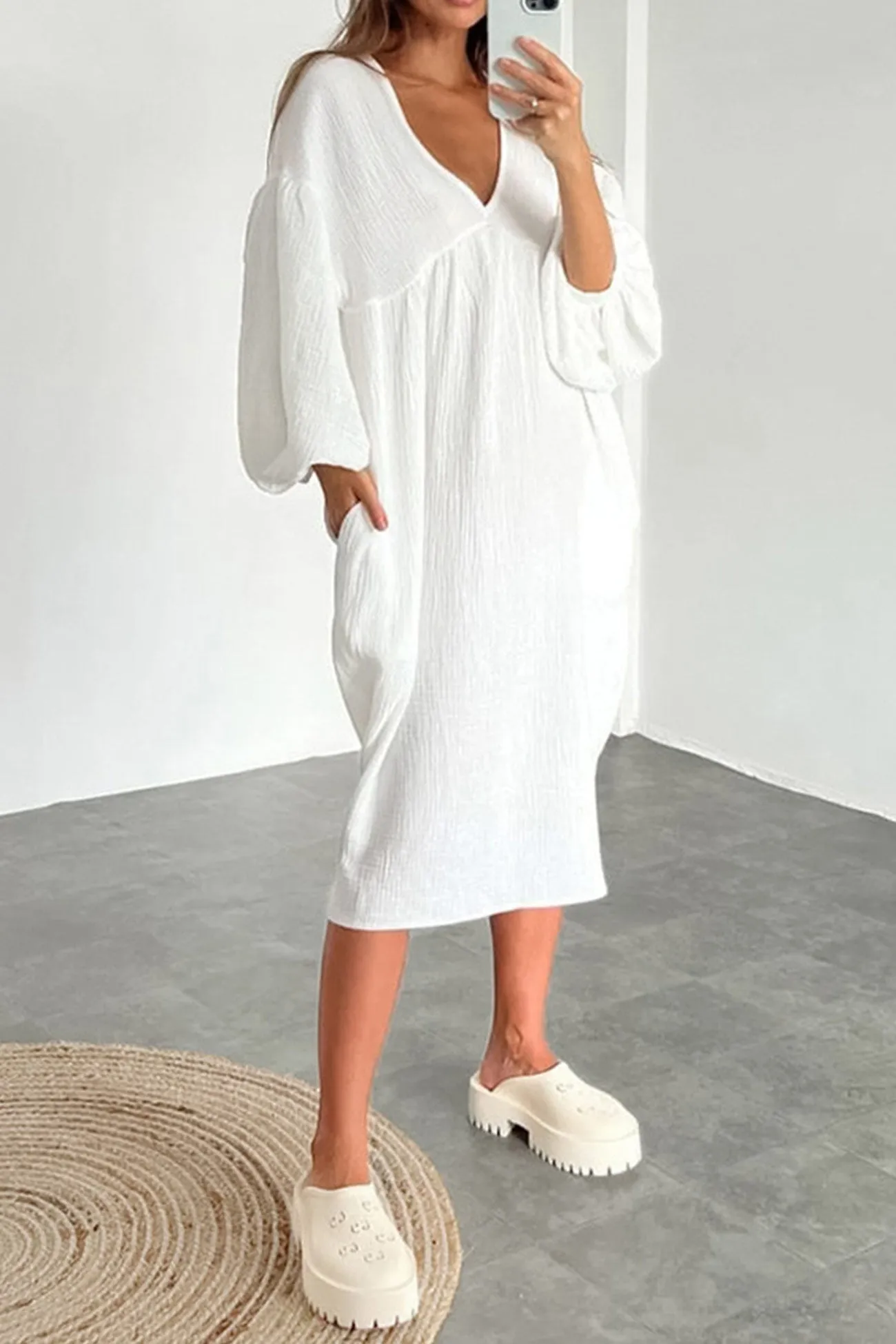 Double Crepe V Neck Puff Sleeve Loose Dress