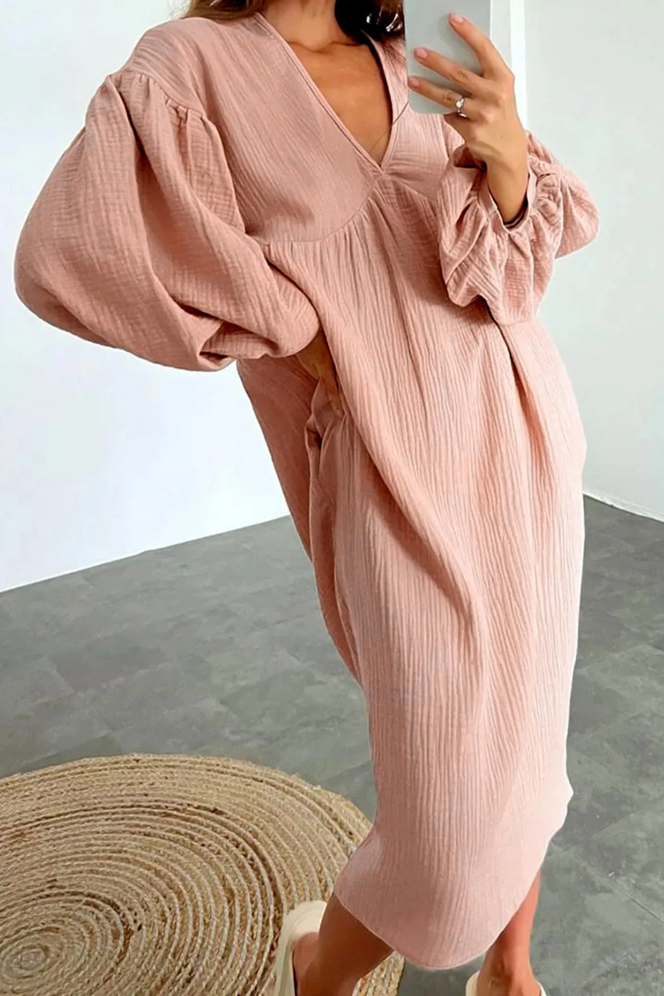 Double Crepe V Neck Puff Sleeve Loose Dress