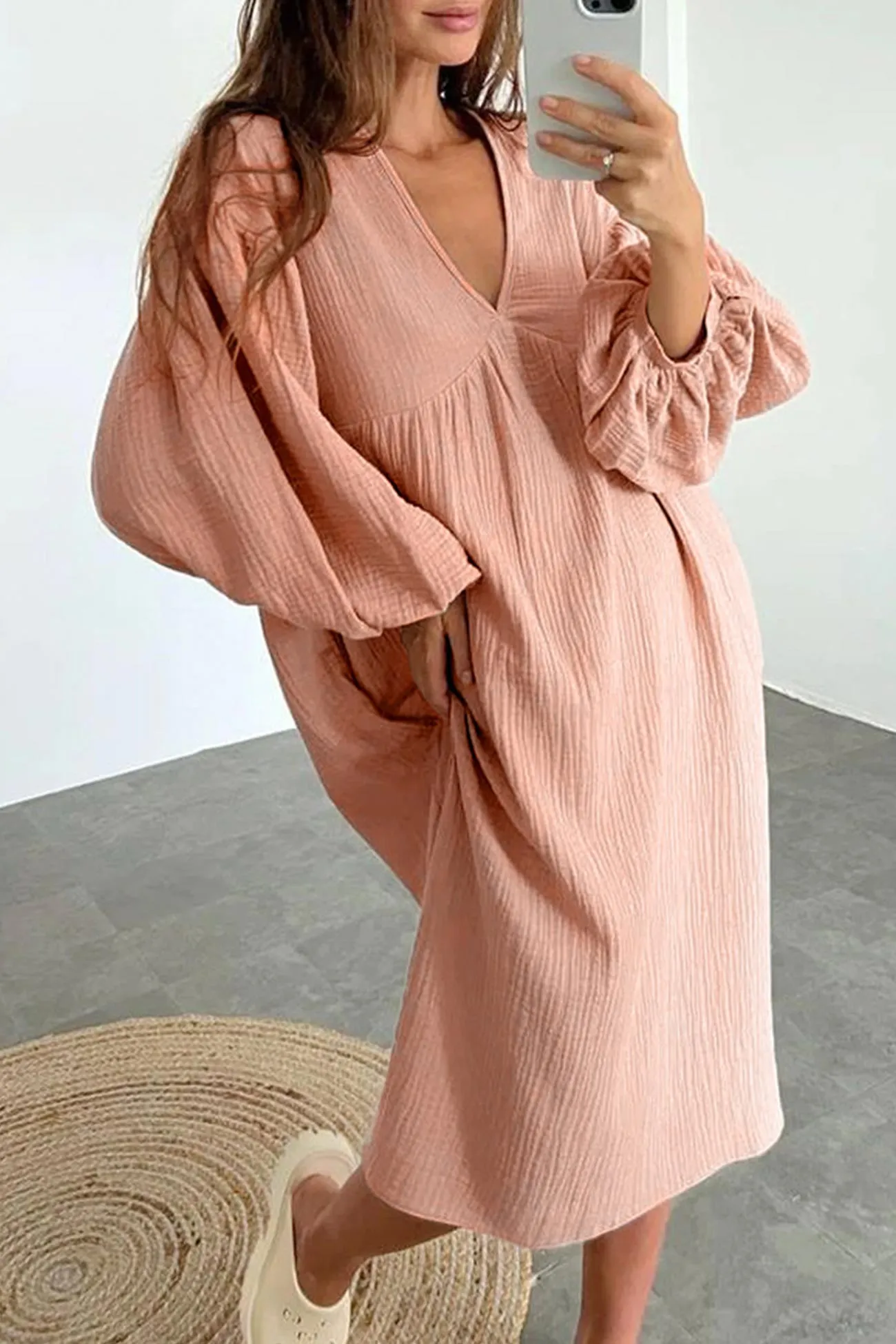 Double Crepe V Neck Puff Sleeve Loose Dress