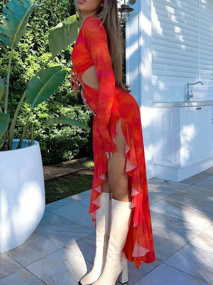 Elegant Long Sleeve Midi Dress with Ruffle Slit Cut Out and Sexy Backless Design