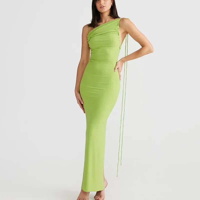 Elegant Sleeveless Split Midi Dress with Halter Backless Design