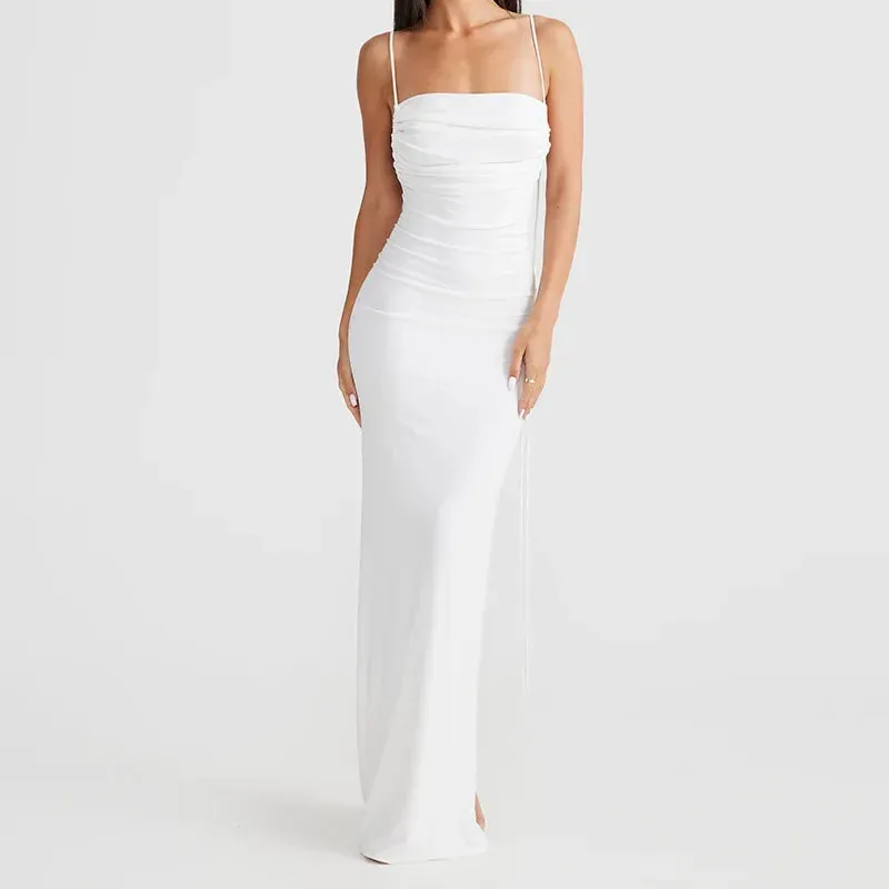 Elegant Sleeveless Split Midi Dress with Halter Backless Design