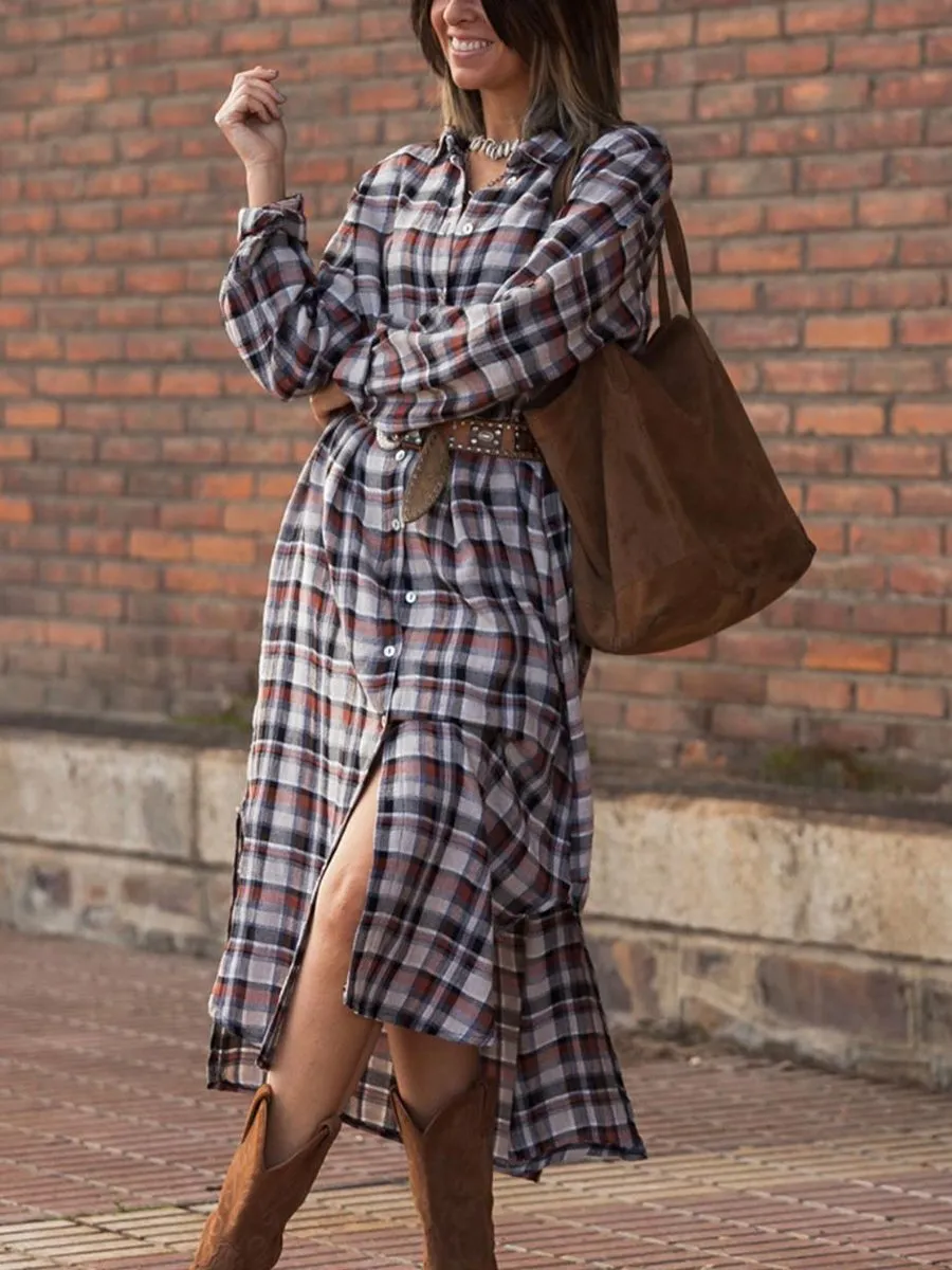 Farm Style Casual Plaid Shirt Dress