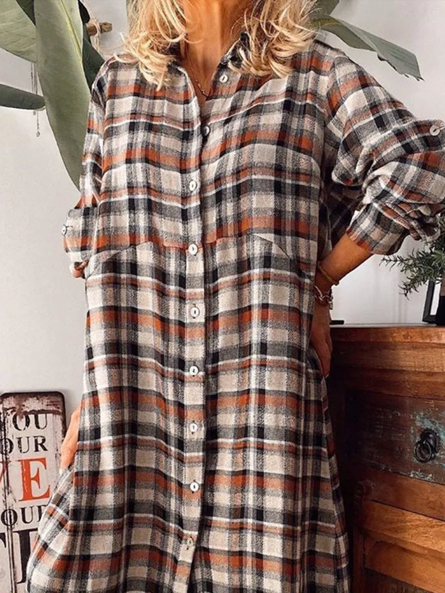 Farm Style Casual Plaid Shirt Dress