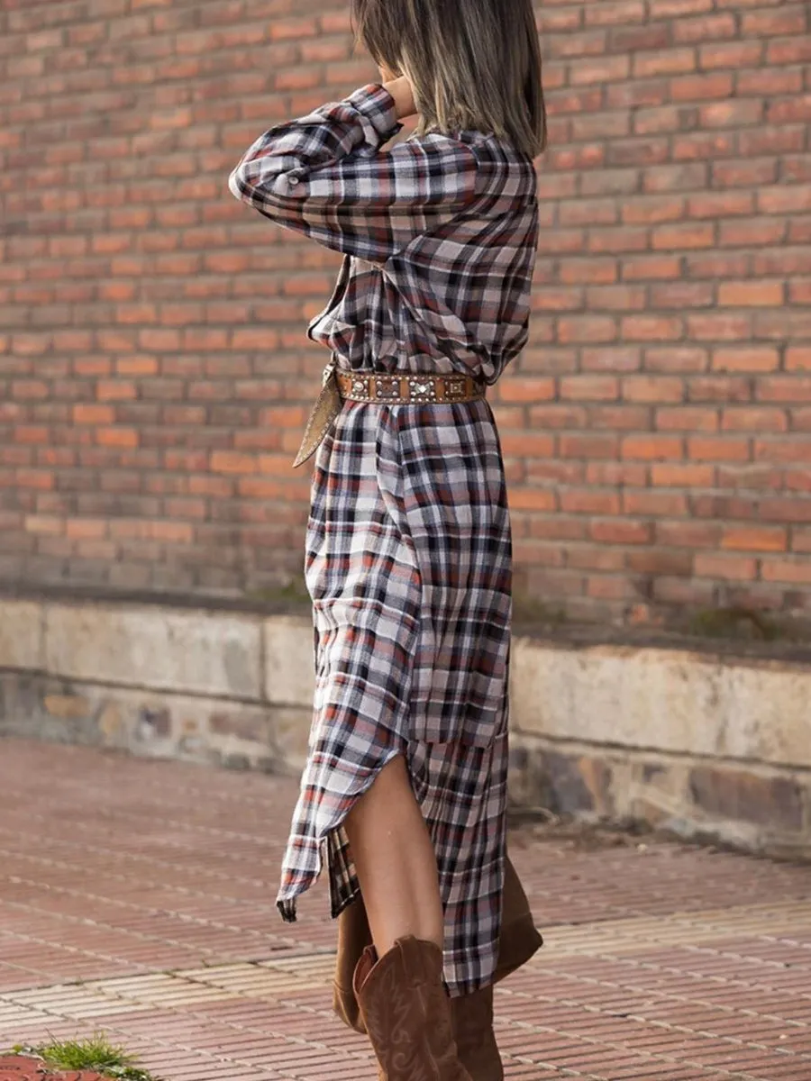 Farm Style Casual Plaid Shirt Dress