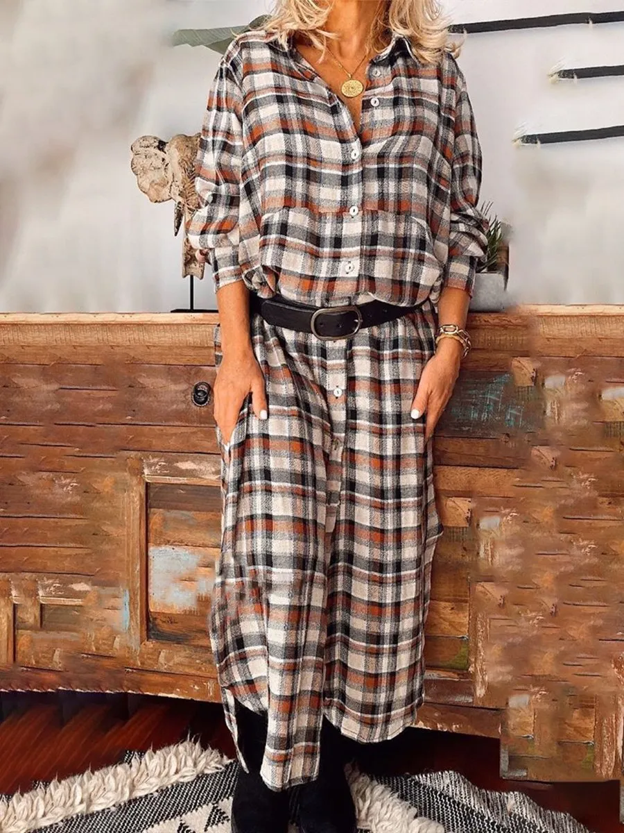 Farm Style Casual Plaid Shirt Dress