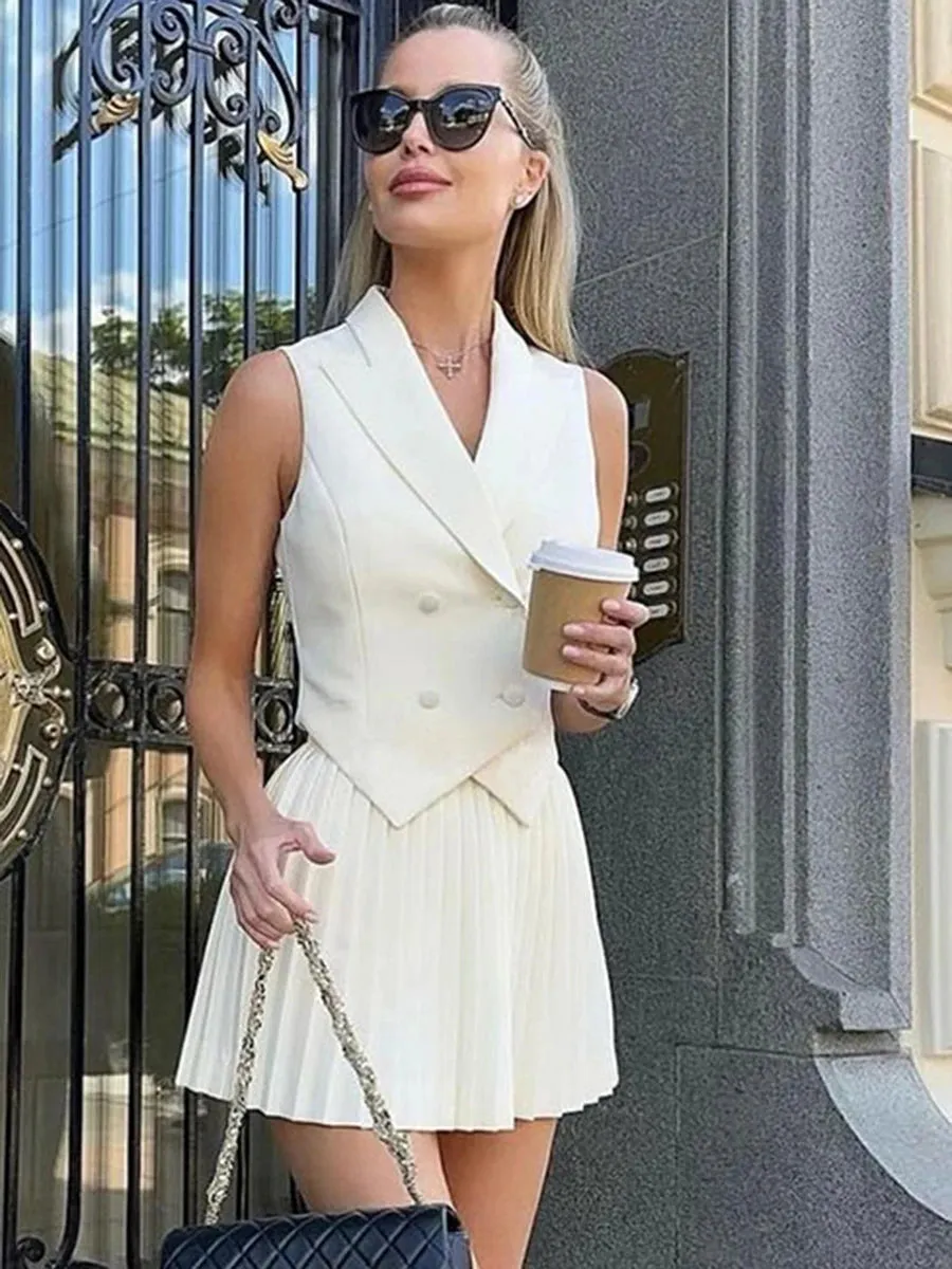 Girlary Solid Elegant Skirts Sets Women 2024 New Summer Sleeveless Irregular Short Vest Mini Pleated Skirt Casual Fashion 2 Piece Set