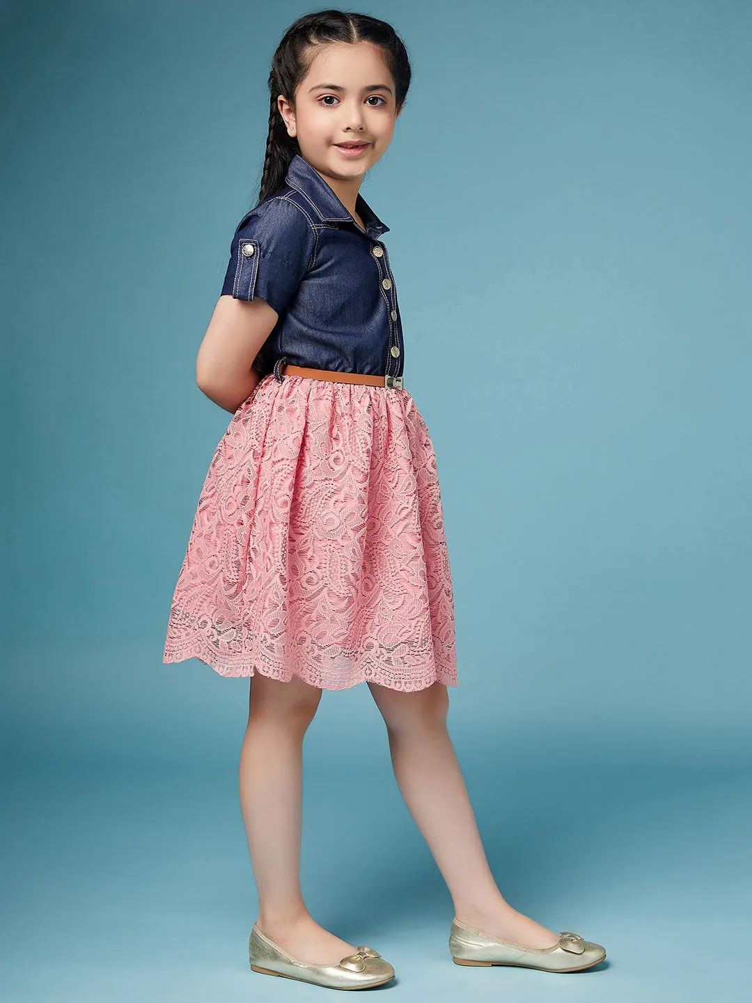 Girls Laced Floral Denim Shirt Dress - Ps Peaches