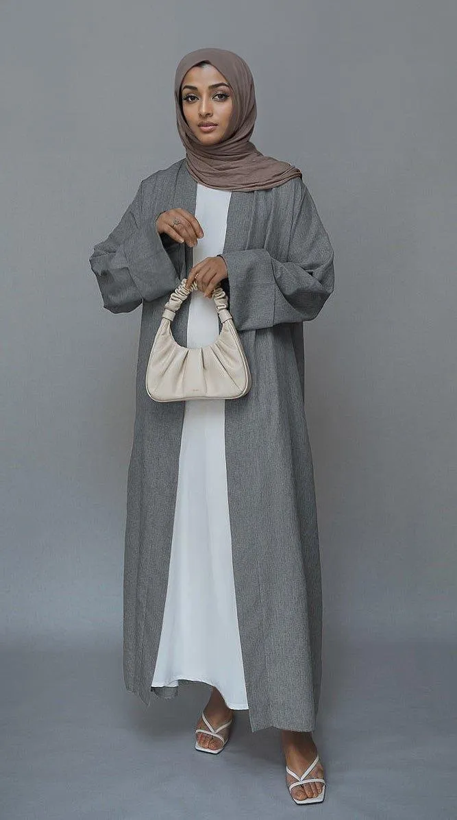 Gray Lounia maxi throw over abaya in light linen fabric with a detachable belt